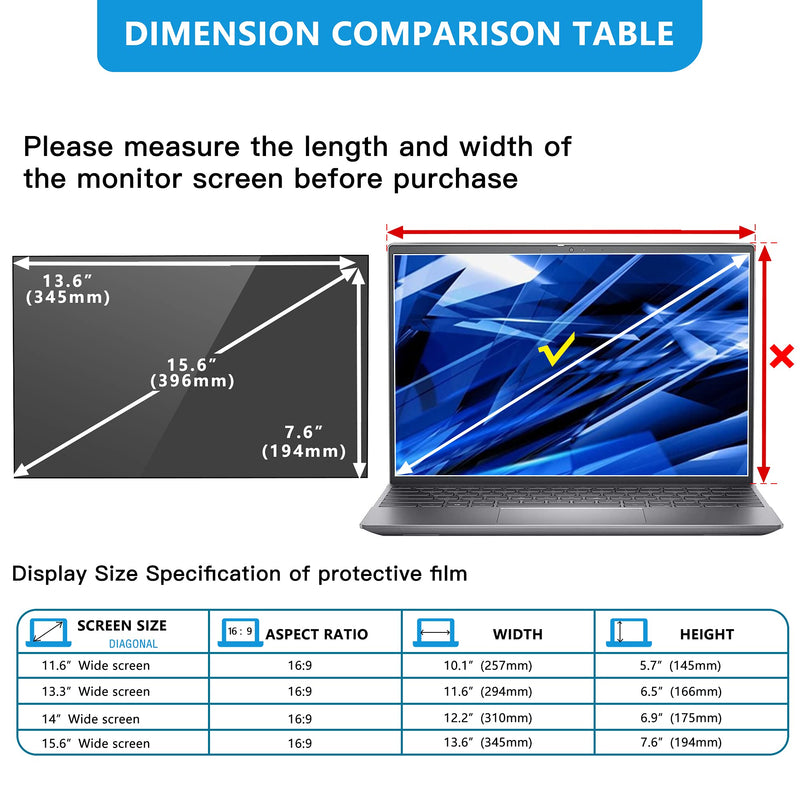 Laptop Privacy Screen 15.6", FILMEXT Privacy Protection Filter for Laptop 15.6"Asus/15.6"Acer/15.6HP/Dell/Toshiba 16:9, Anti-Spy,Anti-Glare,Blocks 99% UV & Blue Light -Matte Privacy Screen Protector For laptop privacy screen 15.6''