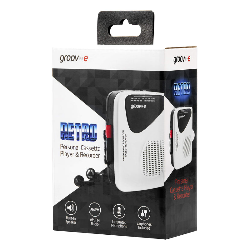 Groov-e GVPS525SR Portable Retro Personal Cassette Player and Recorder with Built-In Speaker & Microphone, AM/FM Radio, 3.5mm Headphone Jack and Earphones Included - Black/Silver