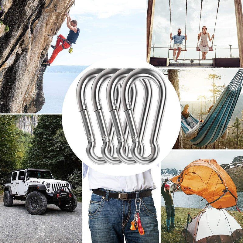 AUMAYCO 4 Pack 4 Inch Spring Snap Hook Carabiner, 304 Stainless Steel Heavy Duty Carabiner Clips Link Buckle Rope Connector for Camping Hiking Swing Gym Hammock, Silver (AU04)