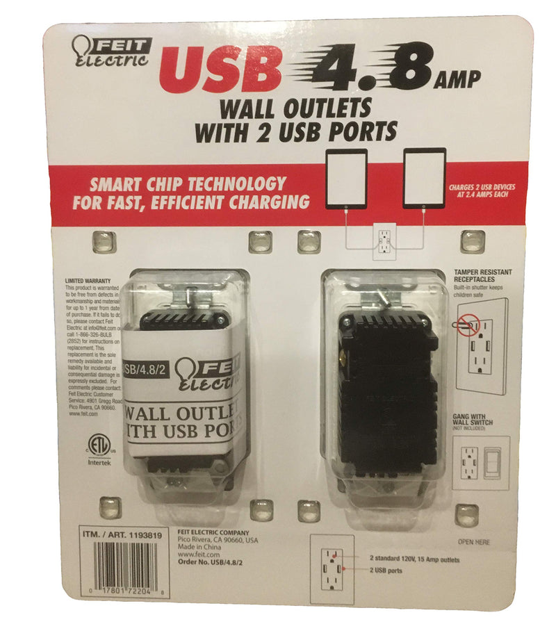 Feit Electric 2-Pack Tamper Resistant Wall Outlet 120V, with (2) USB Ports 4.8 amp