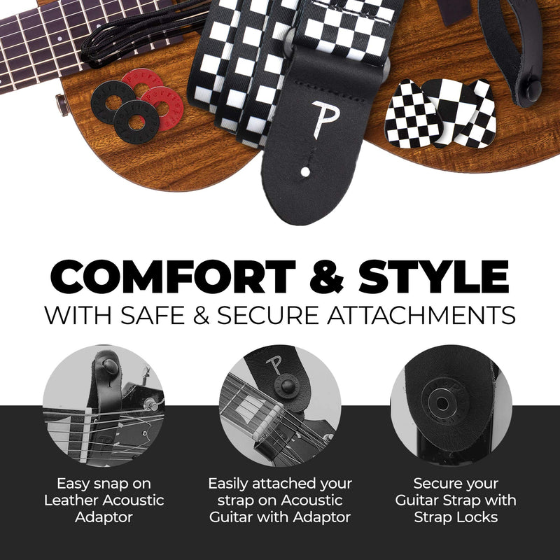 Perri's Leathers Ltd -Guitar Strap- Bundle - Polyester Checker Guitar Strap - BONUS - 3 Medium 0.71mm Guitar Picks, 1 Leather Acoustic Adaptor, 4 Strap Locks & Shoelace - Made in Canada (LPCP-591-PKG)