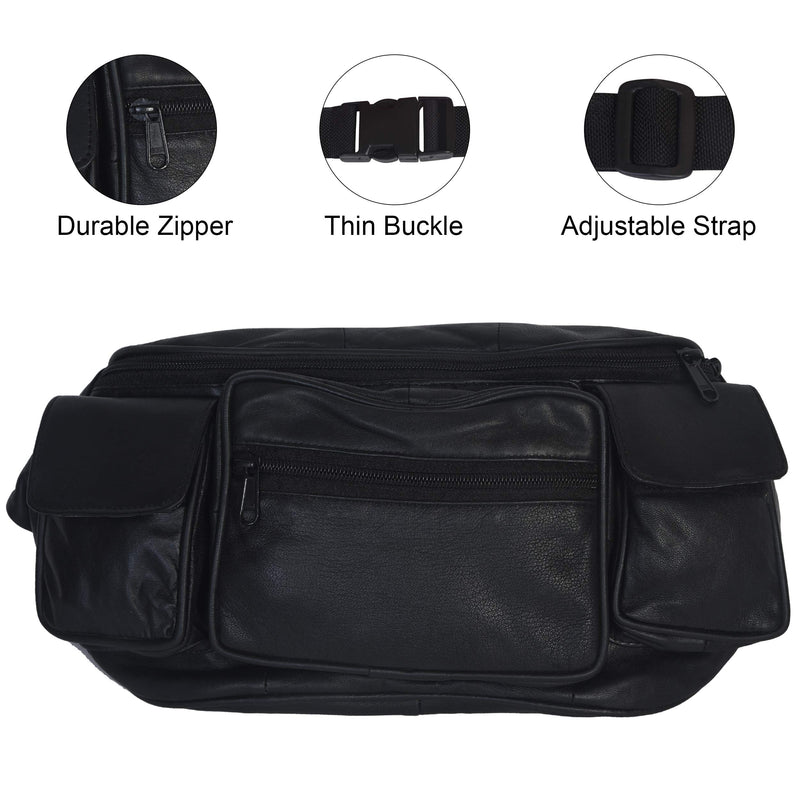 Leatherboss Genuine Leather Jumbo Fanny Pack pouch with side valcro Pockets for men women, Black