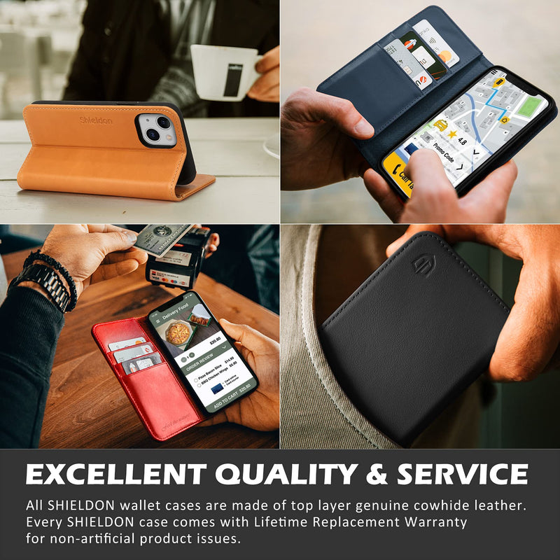 [AUSTRALIA] - SHIELDON Case for iPhone 13, Genuine Leather iPhone 13 Folio Wallet Magnetic Shock Absorbing Case RFID Blocking Credit Card Holder Kickstand Compatible with iPhone 13 5G (6.1-inch) - Red 