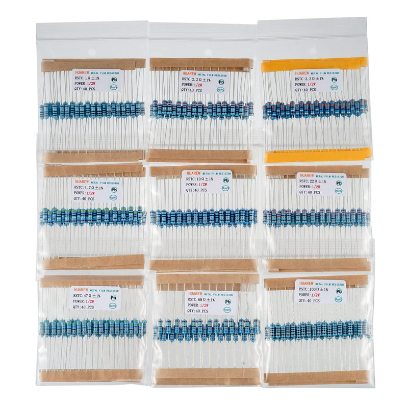 HUAREW 25 Values Single Resistor Kit with 1000 Pcs 1 Ohm-1M Ohm 1/2 W 1% Metal Film Resistors Assortment Kit for DIY Projects and Experiments