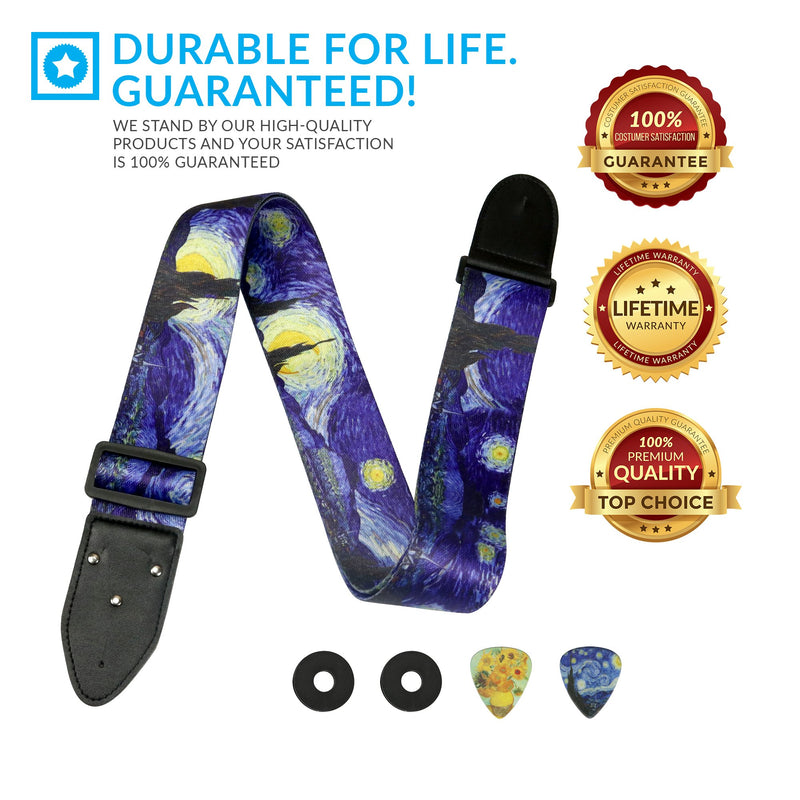 Van Gogh"Starry Night" Guitar Strap Includes 2 Strap Locks & 2 Matching Picks. Adjustable Guitar Strap - Christmas Gift for Men Women Guitarist for Bass, Electric & Acoustic Guitars stocking stuffer Van Gogh Starry Night