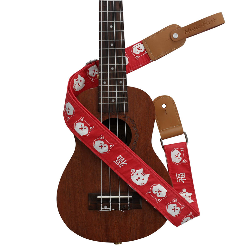 MUSIC FIRST Original Design Cute Cartoon “Red Serious Shiba Inu Dog” Soft Cotton & Genuine Leather Ukulele Strap Ukulele Shoulder Strap With a MUSIC FIRST Genuine Leather Strap Locker