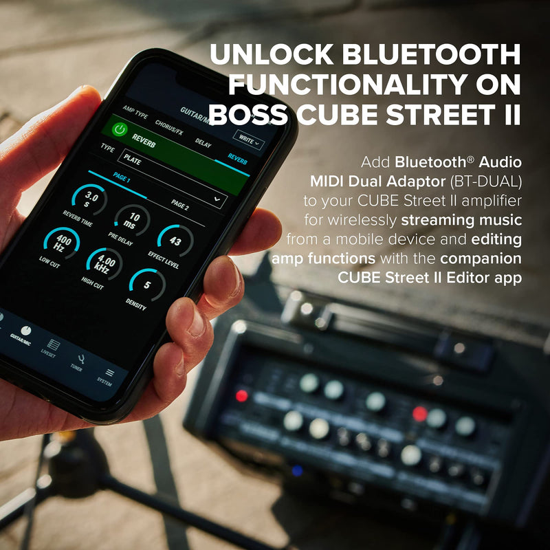 BOSS Bluetooth Audio MIDI Adaptor BT-DUAL Brings Bluetooth Audio and MIDI Capabilities to CUBE Street II CUBE-ST2 Amplifier and Other Compatible BOSS Products