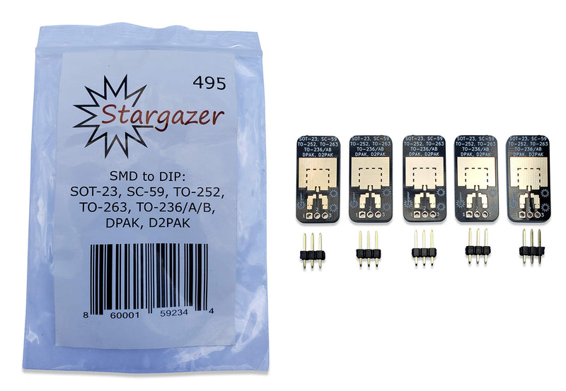 Stargazer SMD to DIP Breakout for SOT-23, SC-59, TO-252, TO-263, TO-236/A/B, DPAK, and D2PAK with Gold Plated Headers [5 Pack]