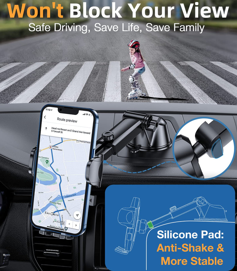 HTU Cell Phone Holder for Car Dashboard [Big Phones & Thick Case Friendly] Compatible for iPhone 13 Pro Max 12 11 Pro All Smartphones Easy One Touch Cellphone Car Mount Dash Windshield Air Vent Cradle