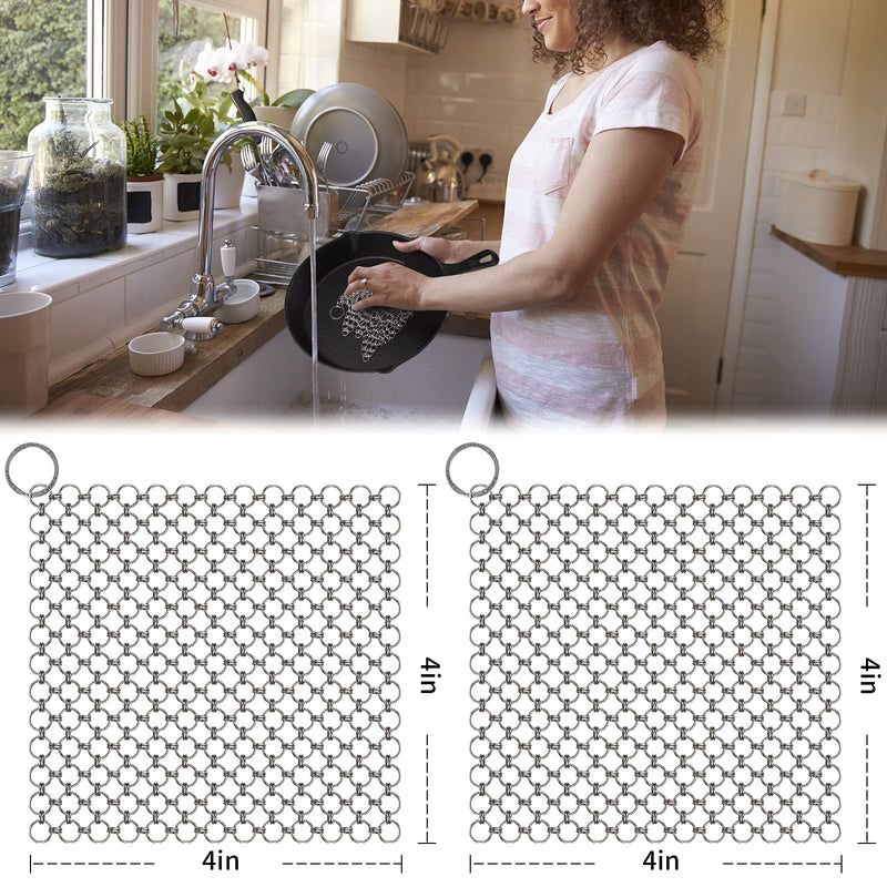 2Pack Cast Iron Cleaner Stainless Steel Chain Mail Scrubber, Iron Skillet Scrub Brush for Pan Pot Chain Scrubber Cleaning Dutch Ovens Carbon Steel Wok Grill Pan, Chain Mail to Clean Castiron by Herda 4 Inch (Pack of 2)
