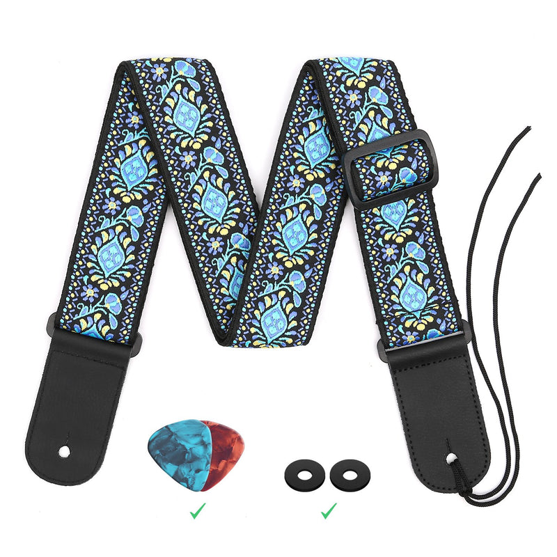 Guitar Strap, Anwenk Electric Guitar Strap Acoustic Strap Bass Strap 2"Jacquard Weave Hootenanny Style with Tie Pick Pocket Strap Locks 2 Picks,Genuine Leather Ends,Top Grade Material Blue