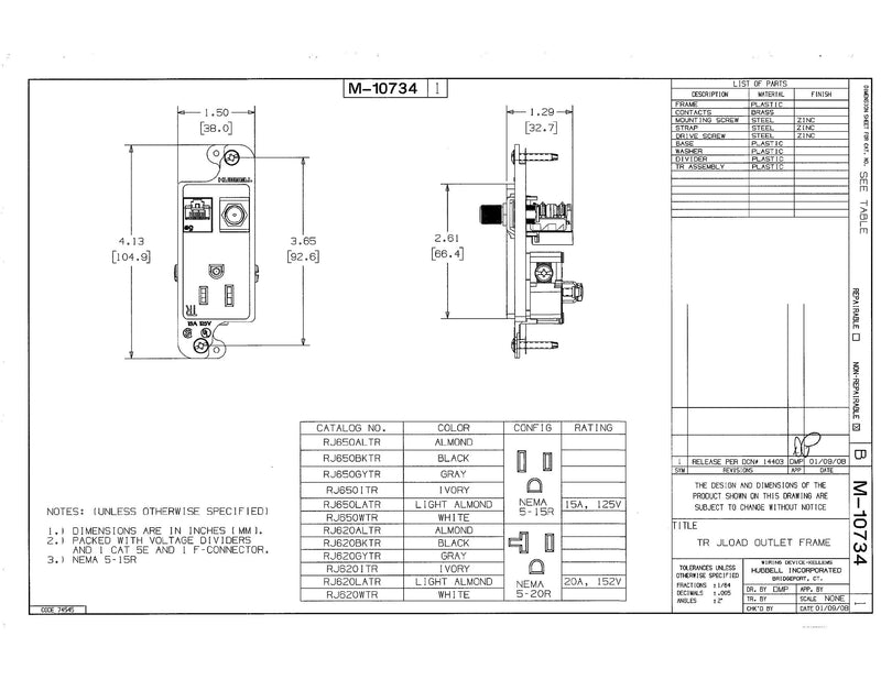 Bryant Electric RJ620BKTR tradeSELECT JLOAD Tamper-Resistant Multimedia Outlet with Cat. 5e Jack and Coax F-Connector, Loaded, 20A, 125V, Black
