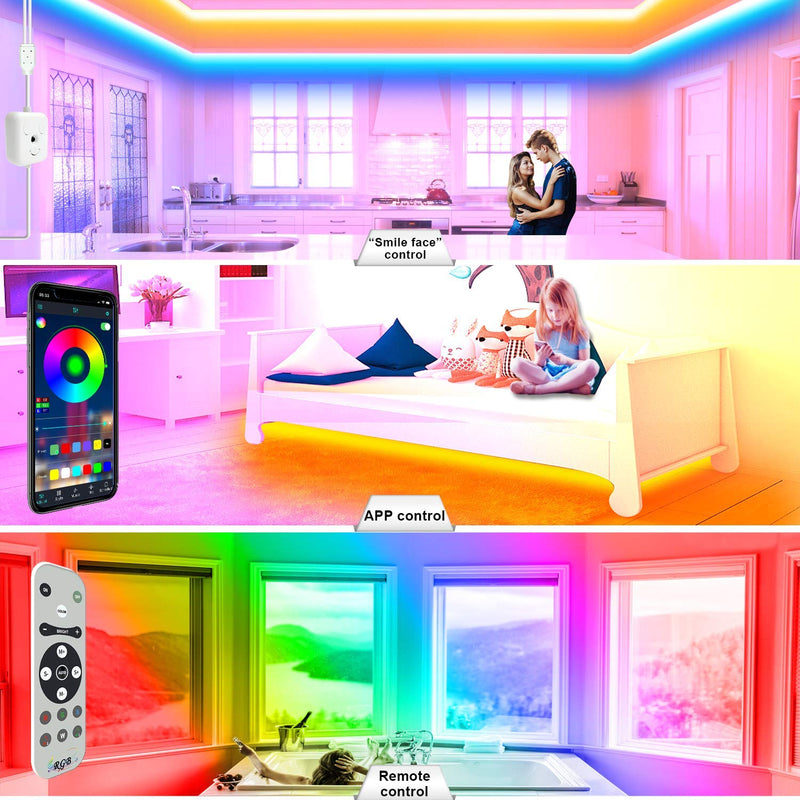 [AUSTRALIA] - 65.6ft LED Strip Lights, Music Sync Color Changing RGB LED Lights“Smile Face”Controller & Remote Built-in Mic, Bluetooth APP Light Strip Rope Lights， LED Light Strip for Bedroom 