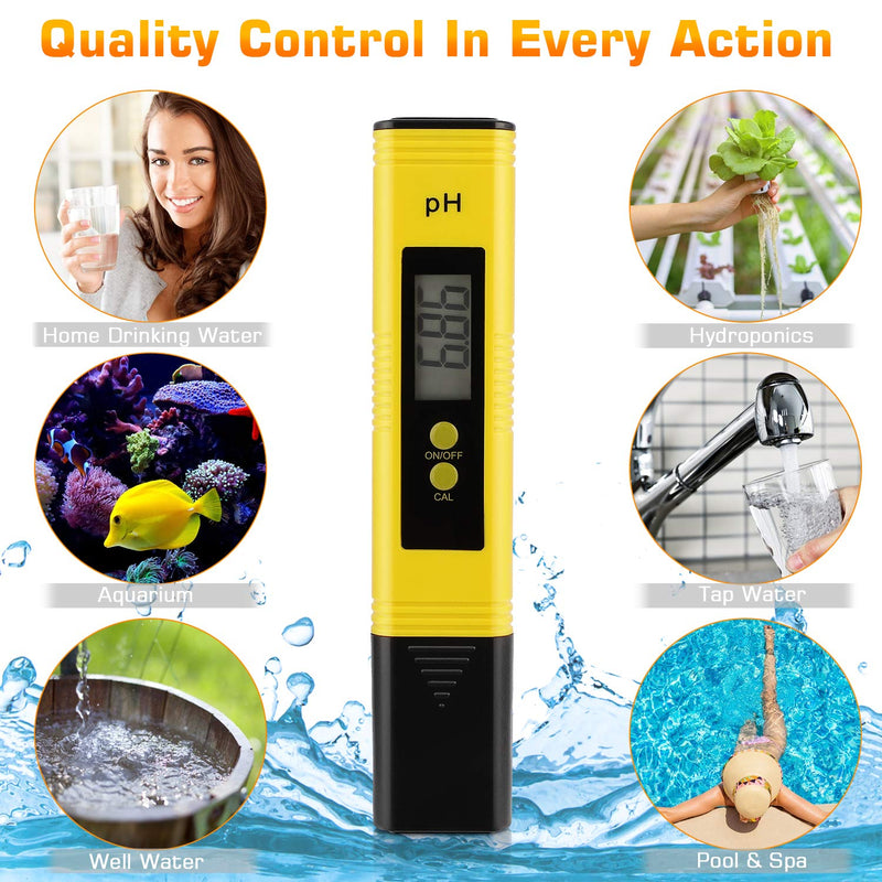 PH Meter for Water Hydroponics Digital PH Tester Pen 0.01 High Accuracy Pocket Size with 0-14 PH Measurement Range for Household Drinking, Pool and Aquarium (Yellow) Yellow