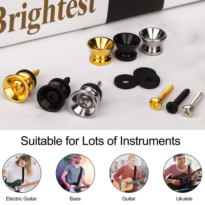 Guitar Strap Buttons End Pins Metal Guitar Strap Locks Pin with Mounting Screws and Rubber Cushions for Acoustic Classical Electric Guitar Bass Ukulele 9 Pack (Gold, Silver, Black)