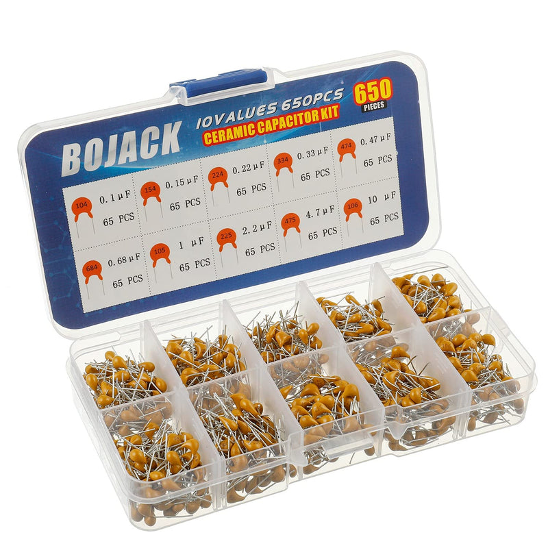BOJACK 10 Type Values 650Pcs Ceramic Capacitor Assortment Kit Capacitors from 0.1uf/100 nF to 10 uF in a Box