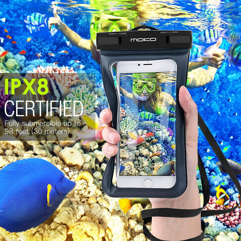 MoKo Waterproof Phone Pouch Holder, Underwater Cellphone Case Dry Bag with Lanyard Armband Compatible with iPhone 12 Mini/12 Pro, iPhone 11 Pro Max, Xr/Xs Max, 8, Samsung S21/S20/S10/S9, A10E, Note 10 Black