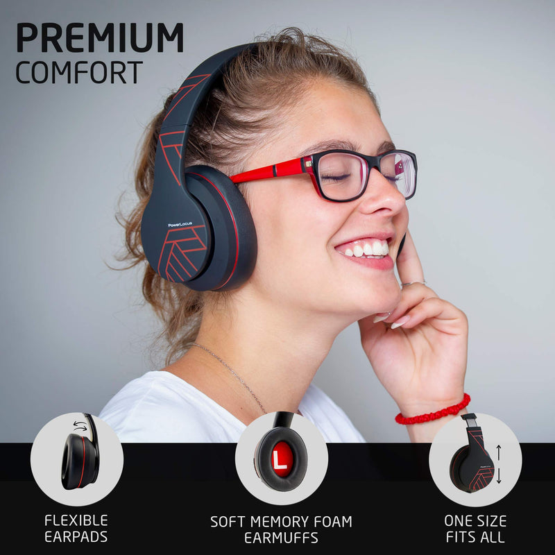 Wireless Bluetooth Headphones, PowerLocus Bluetooth Headphones Over Ear, Super Bass Hi-Fi Stereo, Soft Earmuffs, Foldable Wireless and Wired with Mic for Cell Phones, Online Class, Home Office, PC,TV Matt Red