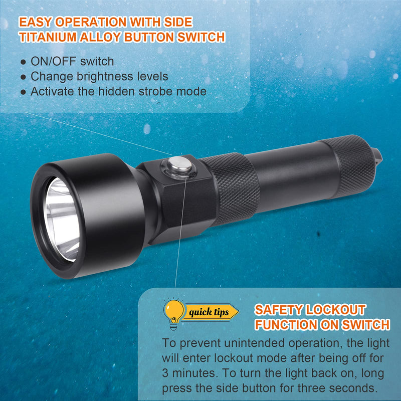 Odepro ND22 Diving Light, 1300 Lumens Scuba Night Dive Torch with 8 Degrees Narrow Beam Angle, IP68 Waterproof Submersible Flashlight with Battery Indicator, for 150 Meters Underwater Exploration