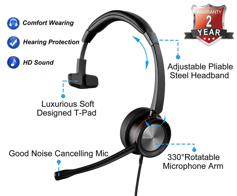 Sinseng Mono 3.5mm Cell Phone Headset, Corded Headphones with Microphone Noise Canceling for Laptop, PC headsets for iPhone Samsung Galaxy Huawei LG BlackBerry HTC iPad Tablets Podcast Skype SS890QD008 Monaural
