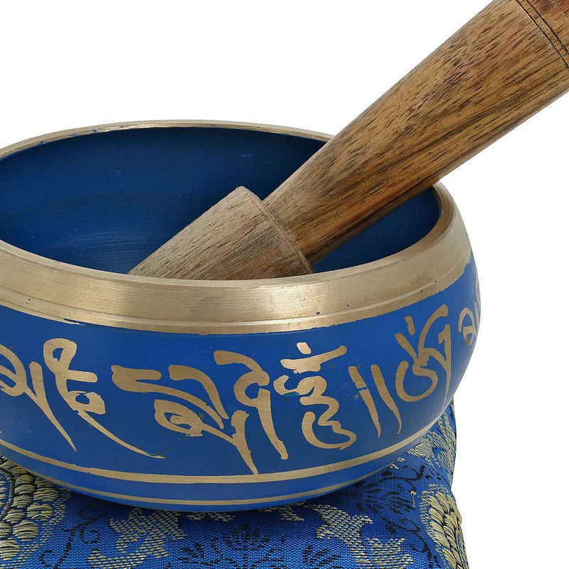 Tibetan Buddhist Small Hand Painted Singing Bowl with Cushion from India for Meditation Sound Healing Prayer Percussion Musical Instrument 4 Inch Blue