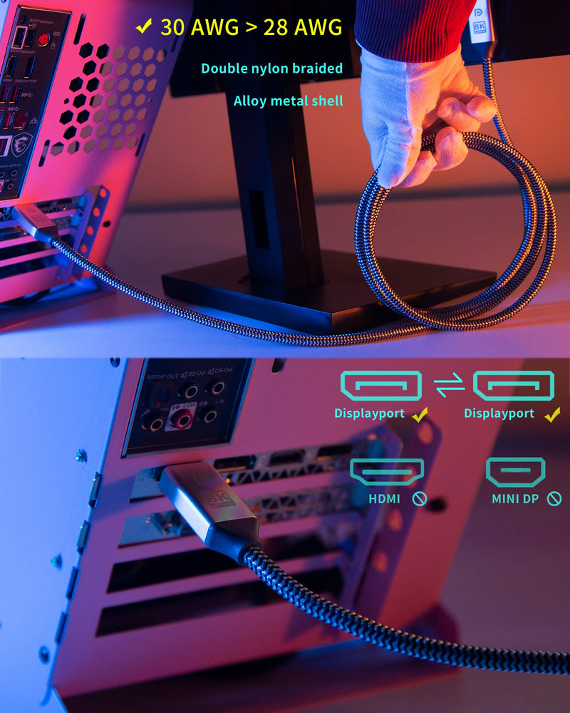 390HZ CUATU 10FT 3M Dp Displayport Cable 1.4 4K 144Hz, 2K 240HZ 280Hz to Display Port Cable 6Ft 8K UHD TV,PC Gaming Monitor VESA E-Sports HDR 10 32.4GB HDCP2.2 FREESYNC G-SYNC Expand (Silvery,10Ft)