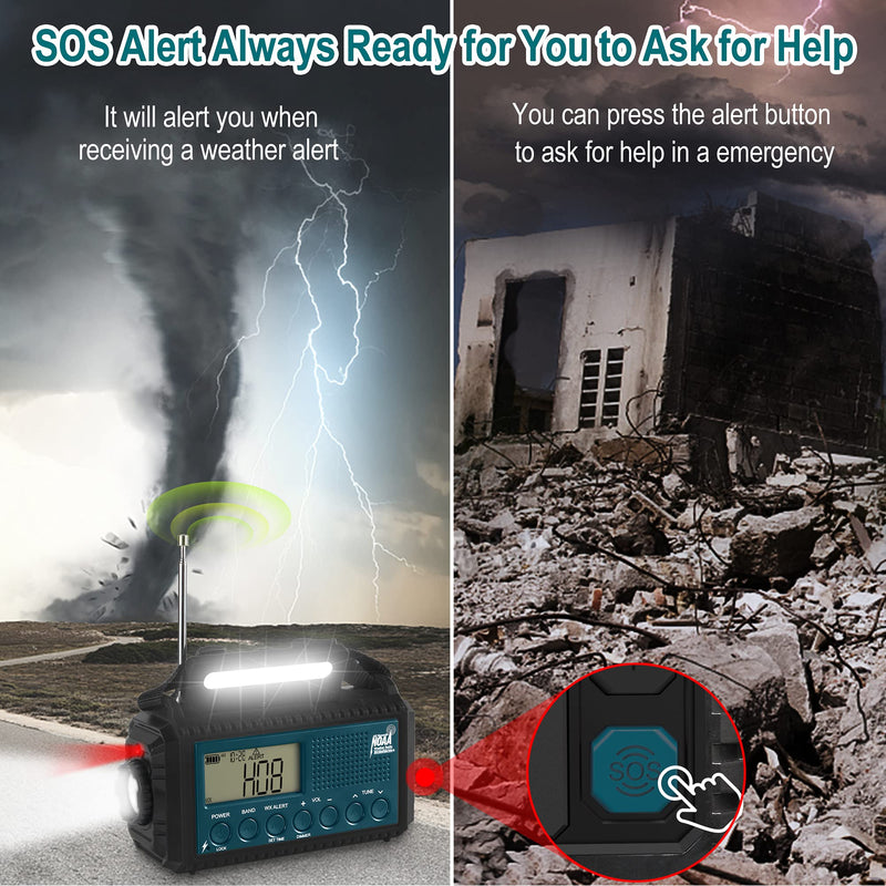 NOAA Emergency Weather Alert Radio, 5000 Large Capacity Hand Crank Solar Powered AM/FM/Shortwave Radio for Home, Portable LED Camping Flashlight Reading Lamp, Phone Charger Earphone Jack,SOS Alarm Blue