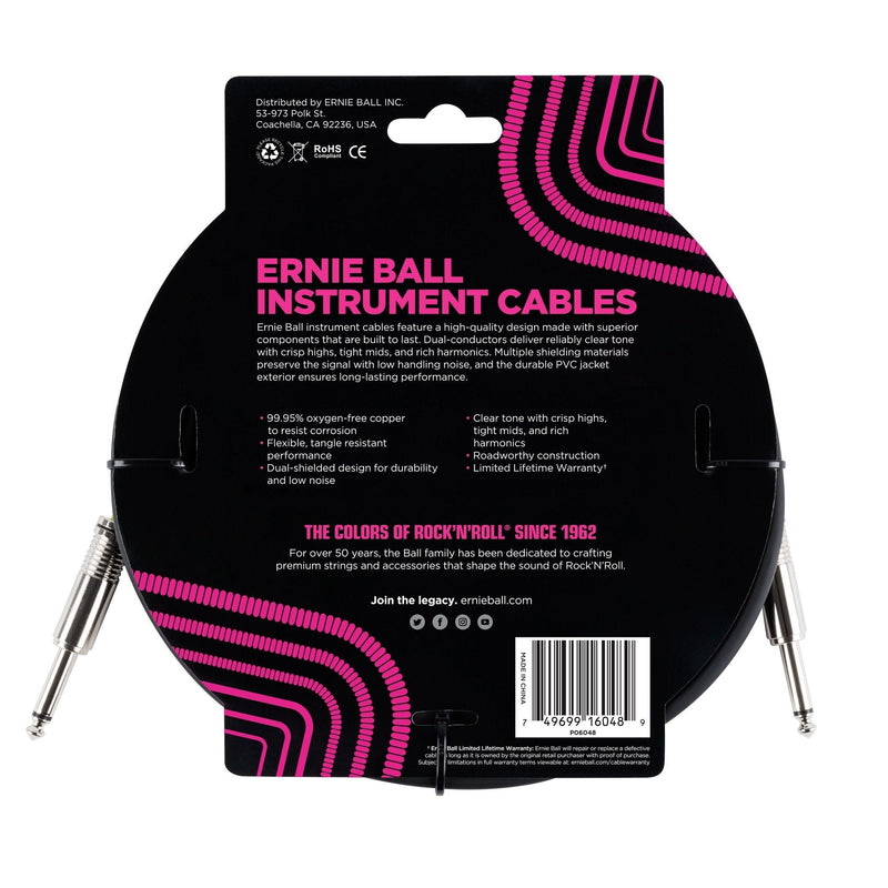 Ernie Ball Instrument Cable, Straight/Straight, 10ft, Black (P06048) 10 feet