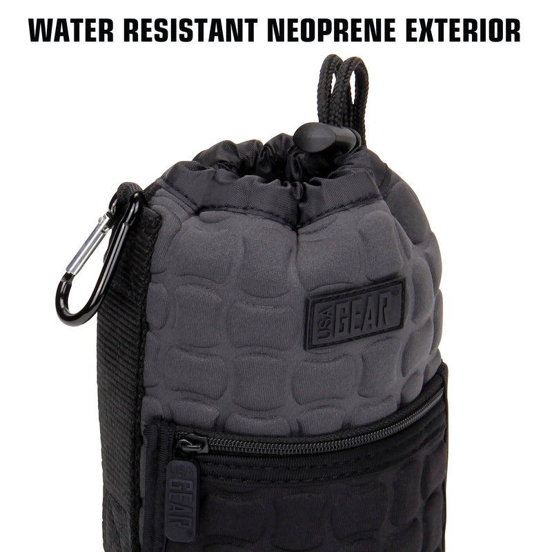 USA GEAR FlexARMOR-X Large Lens Case Pouch with Deluxe Padded Neoprene Protection - Holds Lens up to 70-300mm with Drawstring Opening, Built-in Carabiner Clip, Reinforced Belt Loop and Zippered Pocket Black and Gray