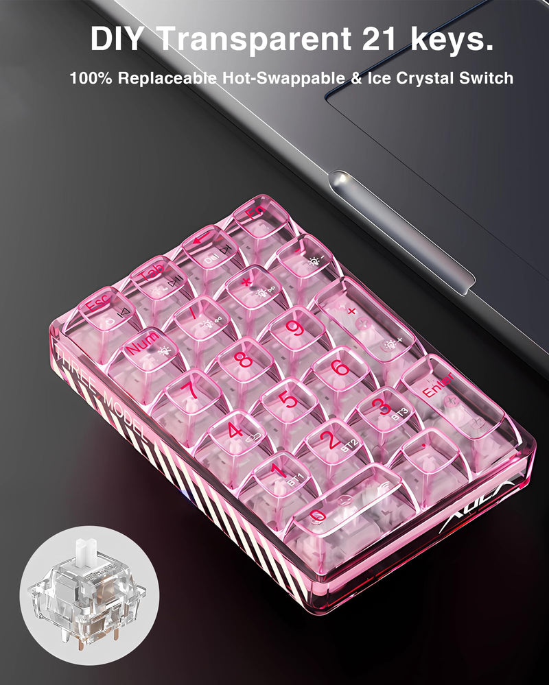 AULA 21 Key 2.4Ghz/Bluetooth/USB-C Connections Numpad, Hot Swappable Mechanical Gaming Keypad with Transparent Keycaps(Pink) Pink