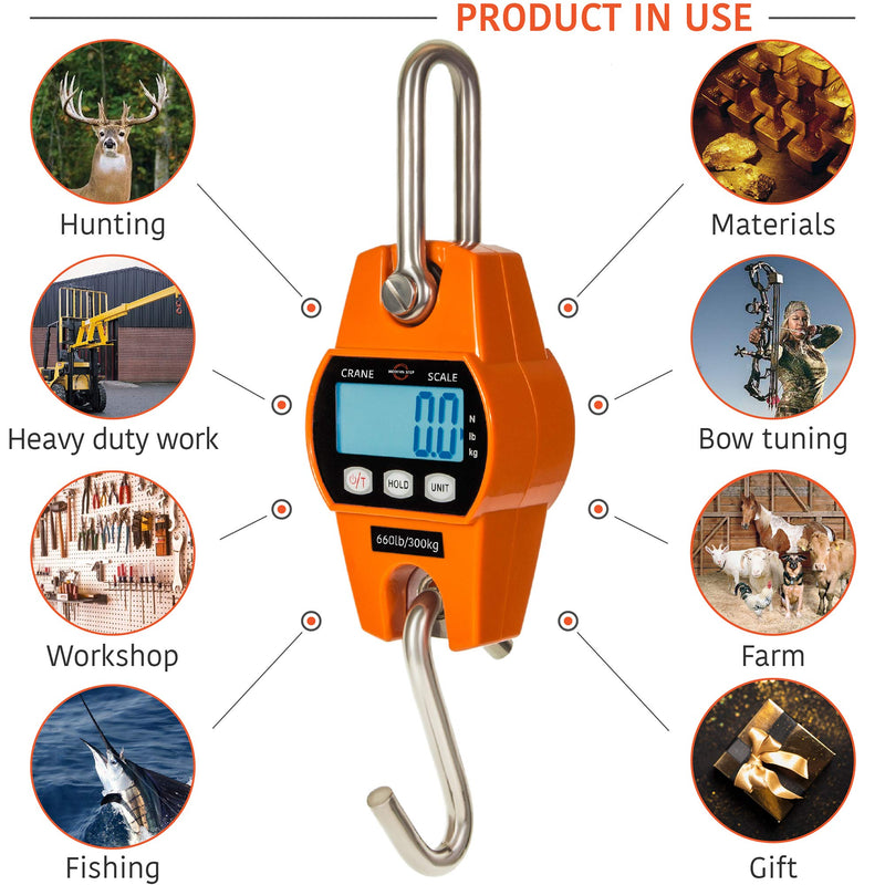 [AUSTRALIA] - 𝗣𝗥𝗢𝗙𝗘𝗦𝗦𝗜𝗢𝗡𝗔𝗟 Digital Hanging Scale 660 LB 300 KG - Heavy Duty Waterproof Fish Scale - Portable Crane Scale for Luggage Weight Suitcase Hunting Farm Bike Bow Fish Weight Fishing Scale Standard Orange 