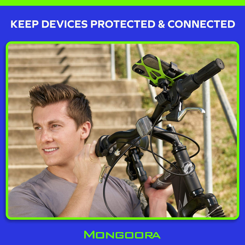 Mongoora Bike & Motorcycle Phone Mount w/ 3 Bands (Black, Red, Green) Cell Phone Holder for Bicycle Handlebar Easy to Install Bike Accessories