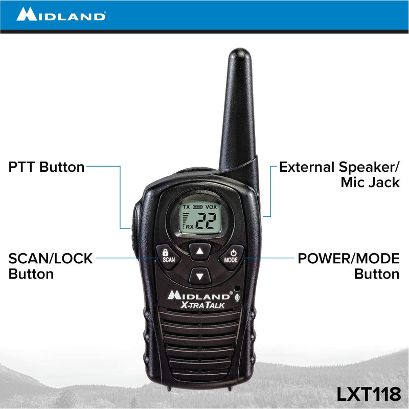 Midland - LXT118VP, FRS Walkie Talkies - Extended Range Two Way Radios, Hands-Free VOX, Batteries Included (Pair Pack) (Black)