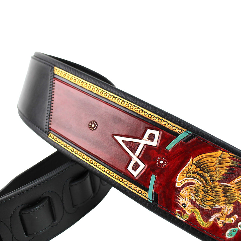 Walker And Williams KB-52-RD Black Strap w/Mexican Coat Of Arms Design On Scarlett Red Carved Leather