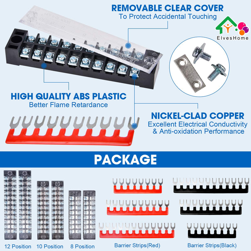 Terminal Blocks Ground Circuit 12PCS/6 Set 8+10+12 Positions 600V 15A Dual Row Bus Bar Wire Amp Mount Screw Terminal Block Kit with Cover 400V Pre Insulated Strip for DIY Small Electrical Home Project 12PCS-8P+10P+12P Set-15A