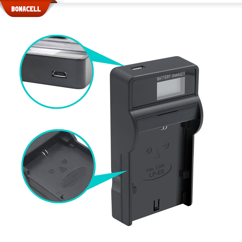 Bonacell LP-E6 Battery 2600mAh and Charger Kit Compatible with Canon EOS R, 70D, EOS 80D, EOS 60D, 60Da, EOS 5D Mark II/III/IV, EOS 5DS, 5DS R, EOS 6D, EOS 7D, 7D Mark II Camera