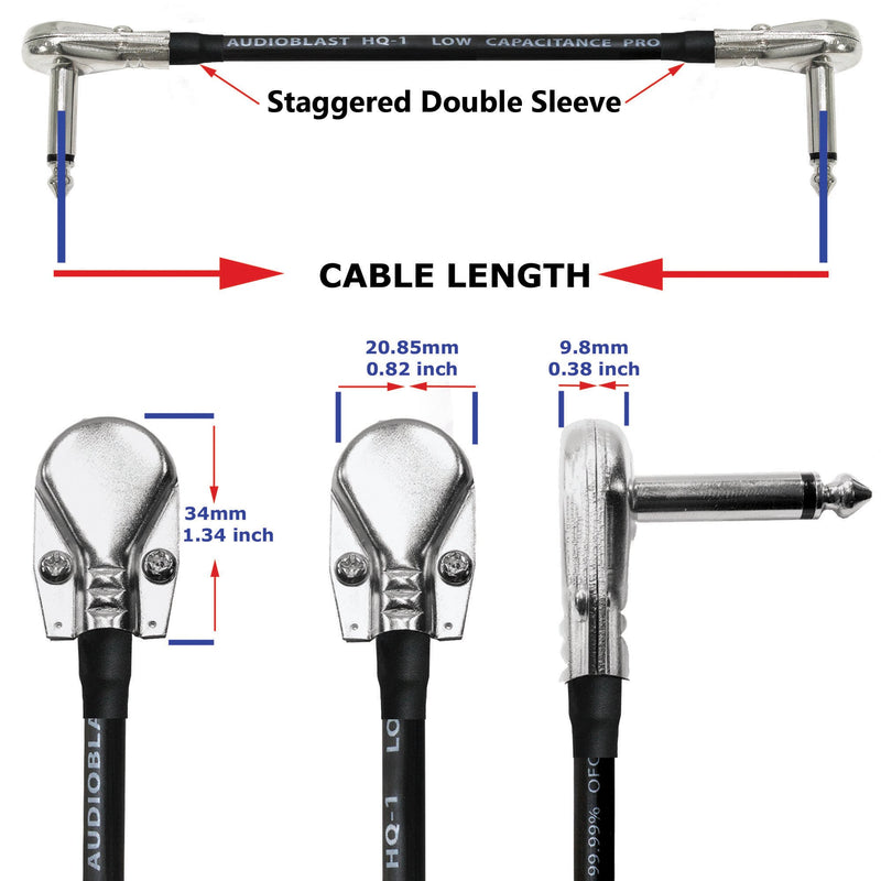 [AUSTRALIA] - 6 Units - 12 Inch - Audioblast HQ-1 - Ultra Flexible - Dual Shielded (100%) - Instrument Effects Pedal Patch Cable w/ ¼ inch (6.35mm) Low-Profile, R/A Pancake Type TS Connectors & Dual Staggered Boots 
