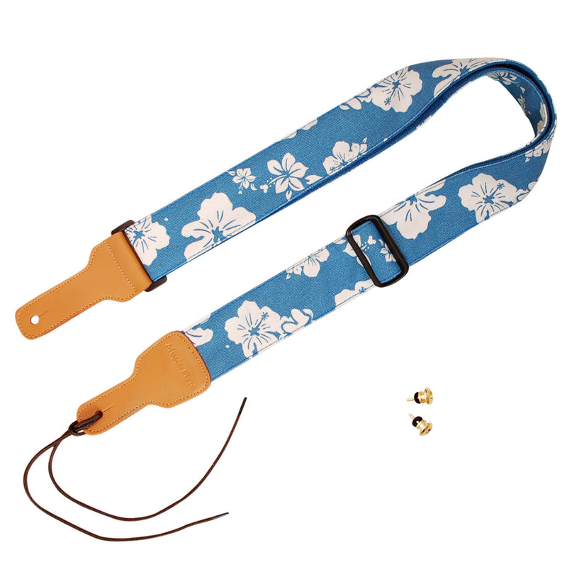 MUSIC FIRST Original Design, 2 inch width (5cm), Hawaii Style “Blue and White Plumeria” Soft Cotton & Genuine Leather Delux Guitar Strap, Ukulele Strap, Mandolin Strap, Salute ELVIS