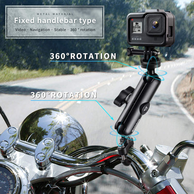WADAHEFA 360° Rotating Bicycle and Motorcycle Handlebar mounting Bracket, with 1/4 Screw Double Ball Head Aluminum Alloy Clamping arm, for GoPro Hero9/8/7/6/5/sport Camera Accessories.