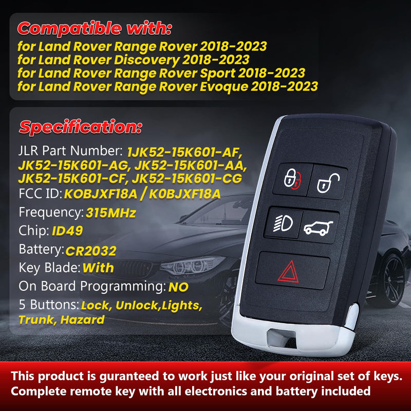 Aichiyu Smart Remote Key Fob Replacement 5 Buttons 315Mhz for Land Rover Discovery Range Rover Sport Evoque 2018 2019 2020 2021 2022 2023 FCC ID: KOBJXF18A, P/N: JK52-15K601-AF/AG/AA/CF/CG