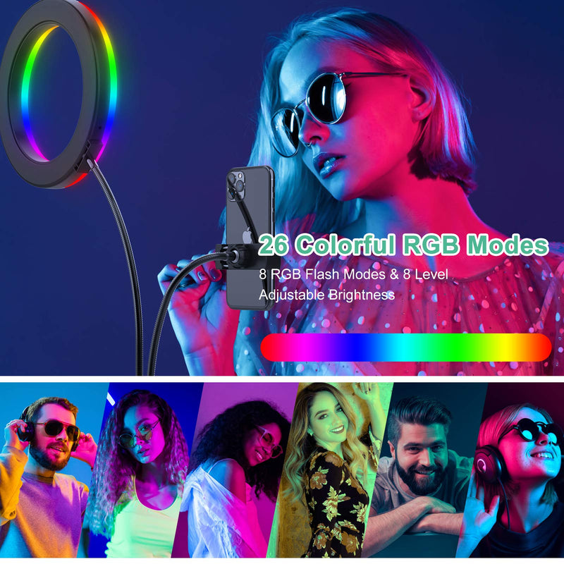 SEBIDER Selfie Ring Light, 8" RGB LED Ring Light with 5-arm Tripod Stand & Phone Holder, Dimmable Desk Makeup Ring Light with Bluetooth for Live Streaming & YouTube Video/TikTok/Photography 8 Inch