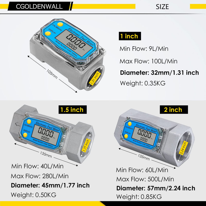 CGOLDENWALL Turbine Flow Meter Digital Fuel Flowmeter with FNPT Inlet/Outlet, 1inch Flow Meter for Water Diesel Kerosene Gasoline, 2.5-26GPM /9-100LPM (1 inch) 1 inch