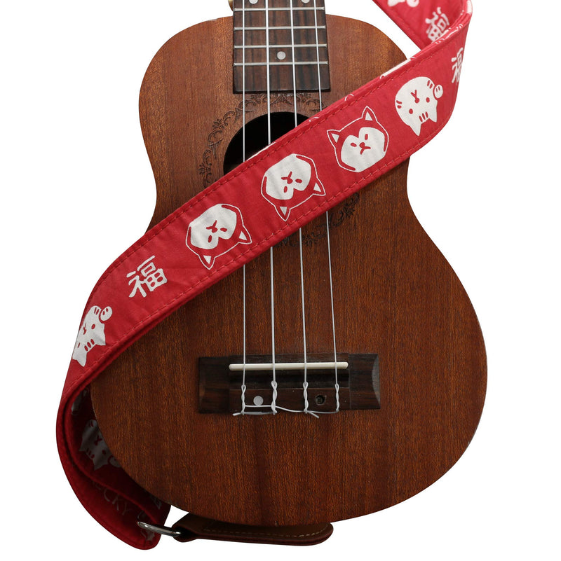 MUSIC FIRST Original Design Cute Cartoon “Red Serious Shiba Inu Dog” Soft Cotton & Genuine Leather Ukulele Strap Ukulele Shoulder Strap With a MUSIC FIRST Genuine Leather Strap Locker