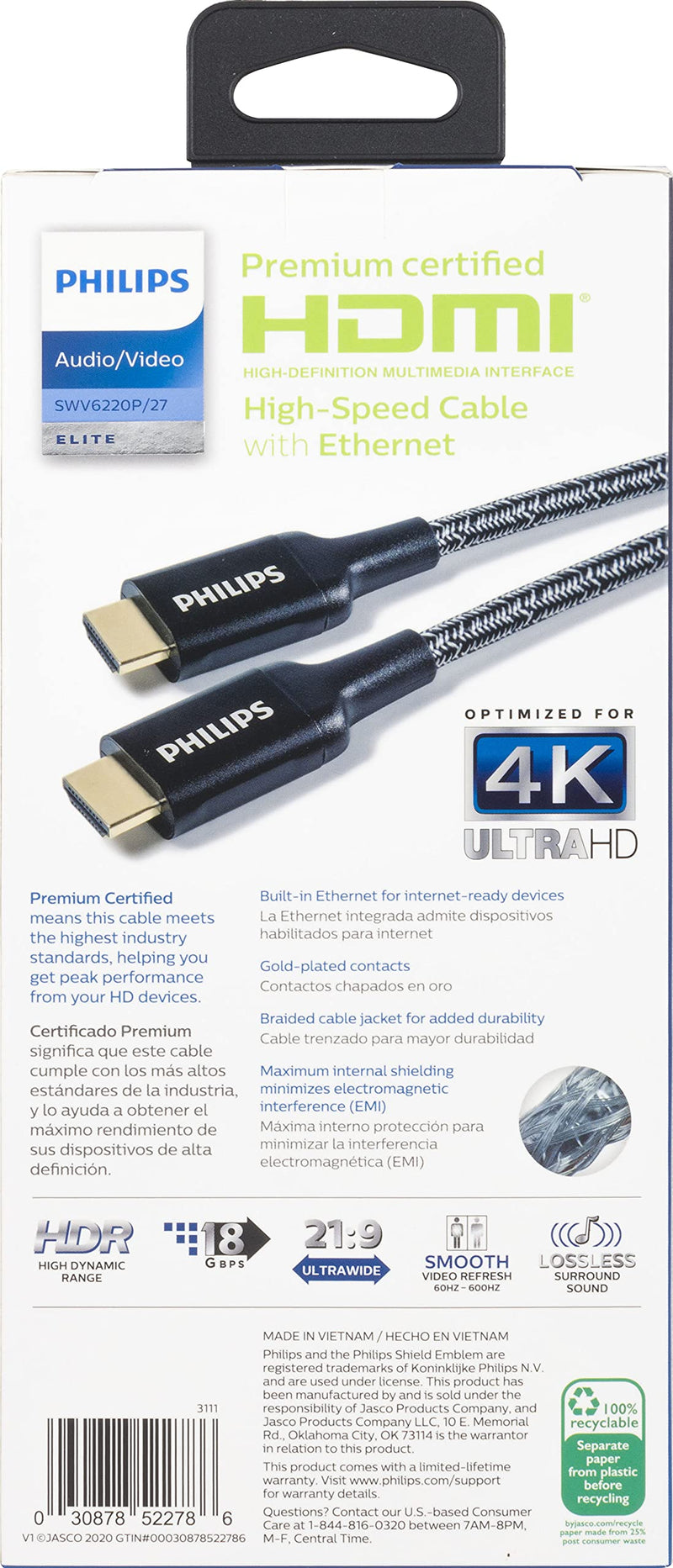 Philips Premium Certified HDMI Cable, 6 ft. 1080p 120Hz 4K 60Hz, 18Gbps Ethernet HDMI 2.0, Gold Connectors, Braided Cable, for TV, Monitor, Laptop, PS4, PS5, Xbox One X S, SWV6220P/27