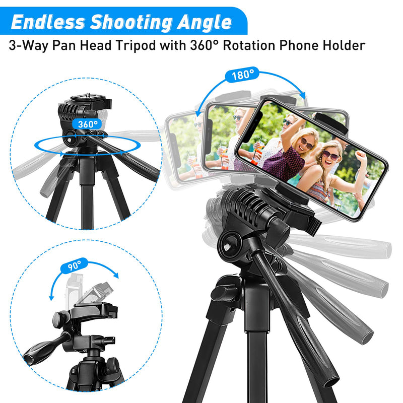 Phone Tripod, 53- Inch Lightweight Selfie Stick Tripod Portable DSLR Camera Tripod for iPhone, IPAD/Android/SUMSANG with Phone Holder & Wireless Bluetooth 5.0 Remote Control Shutter （New Version 53 Inch