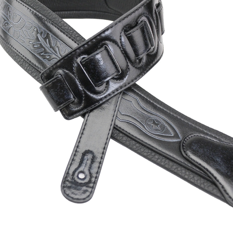 Walker & Williams GB-161 Black Padded Guitar Strap with Oak Leaves & Texas Star