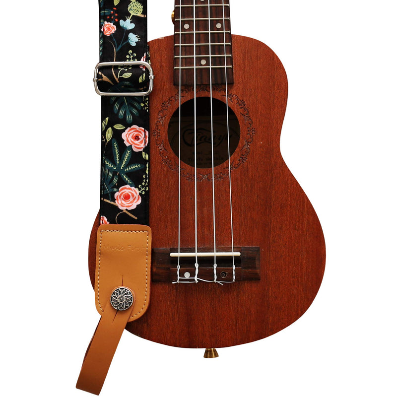 MUSIC FIRST Original Design “Dark Night Garden” Soft Cotton & Genuine Leather Ukulele Strap Ukulele Shoulder Strap With a MUSIC FIRST Genuine Leather Strap Locker