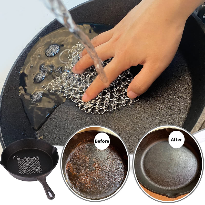 2Pack Cast Iron Cleaner Stainless Steel Chain Mail Scrubber, Iron Skillet Scrub Brush for Pan Pot Chain Scrubber Cleaning Dutch Ovens Carbon Steel Wok Grill Pan, Chain Mail to Clean Castiron by Herda 4 Inch (Pack of 2)
