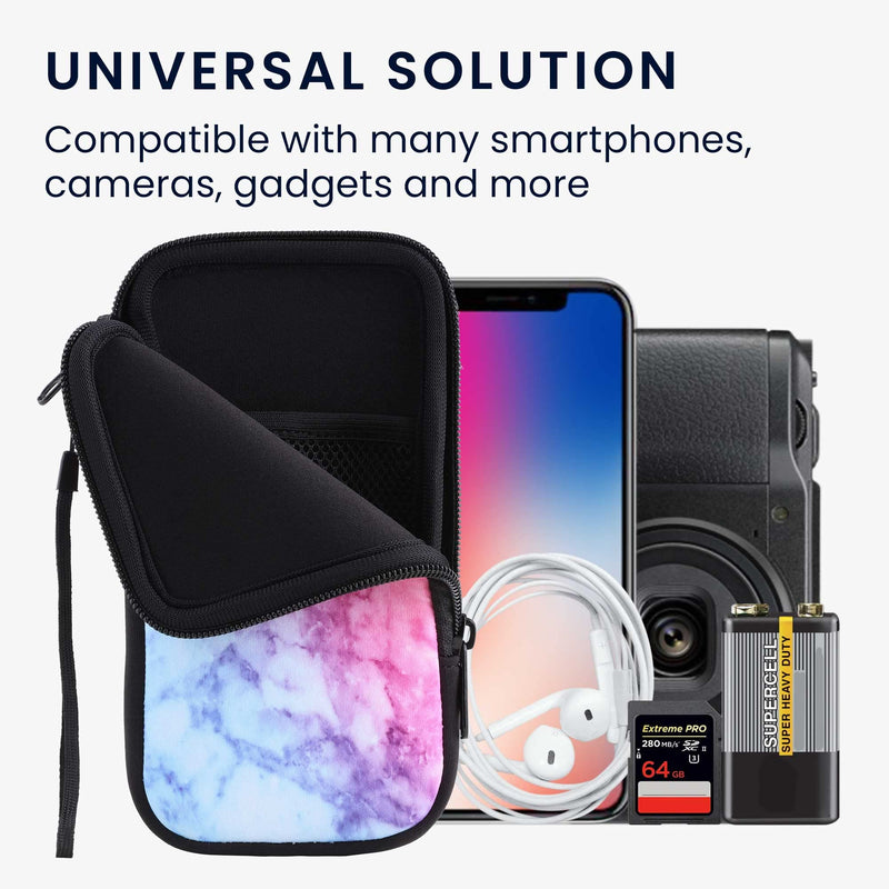 kwmobile Neoprene Sleeve for Smartphone Size XL - 6.7/6.8" - Shock Absorbing Pouch Case - Protective Phone Bag - Marble Light Blue/Violet/Dark Pink Marble 23-38-08