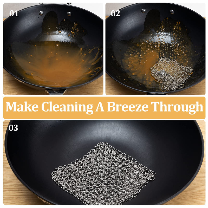 Amagabeli Cast Iron Cleaner 8"x6" Rectangle Metal Scrubber with Hanging Ring 316 Premium Stainless Steel Chainmail Scrubber for Cast Iron Pans CS03 8"x6"